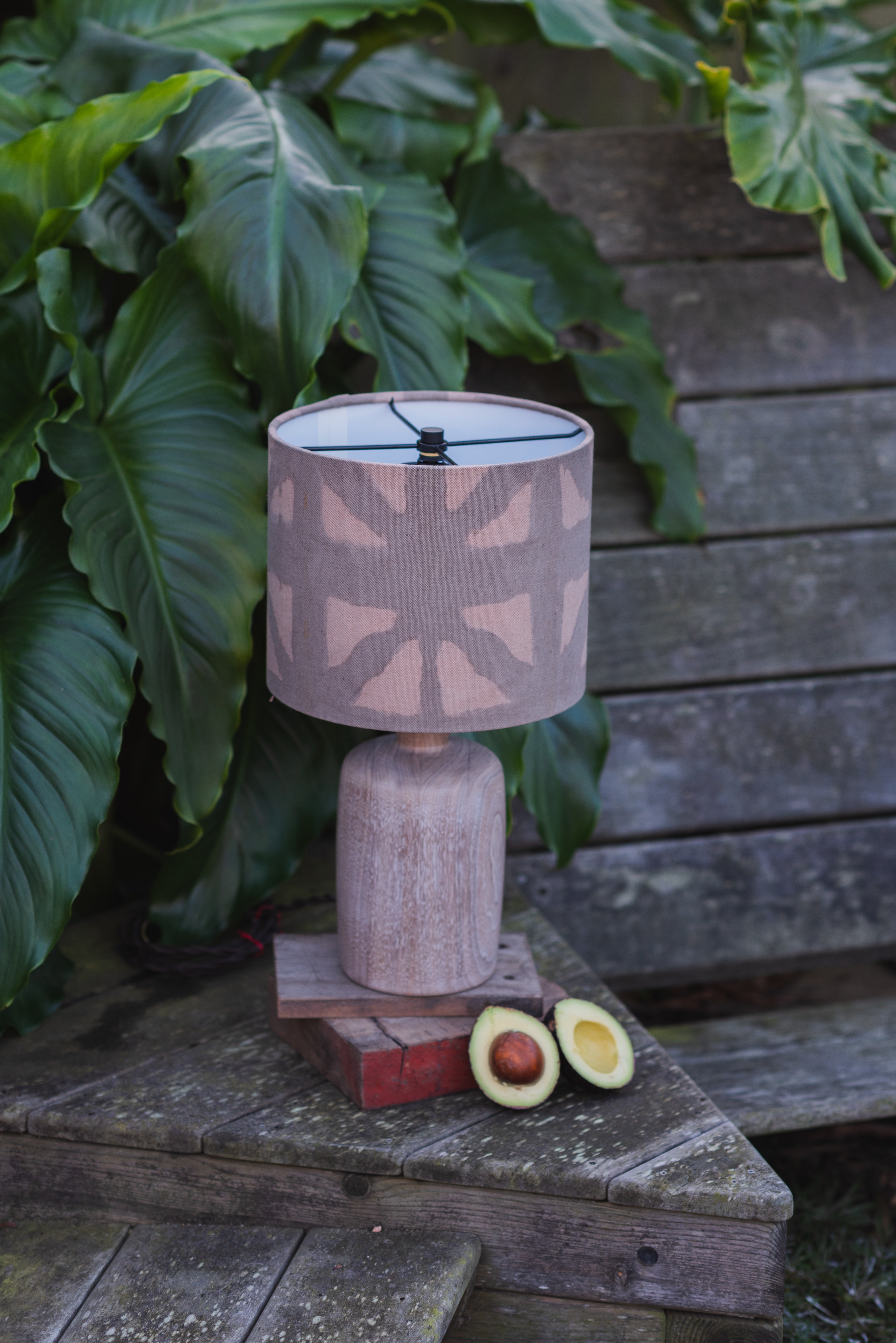 Medium Walnut Table Lamp with Patterned Drum Shade