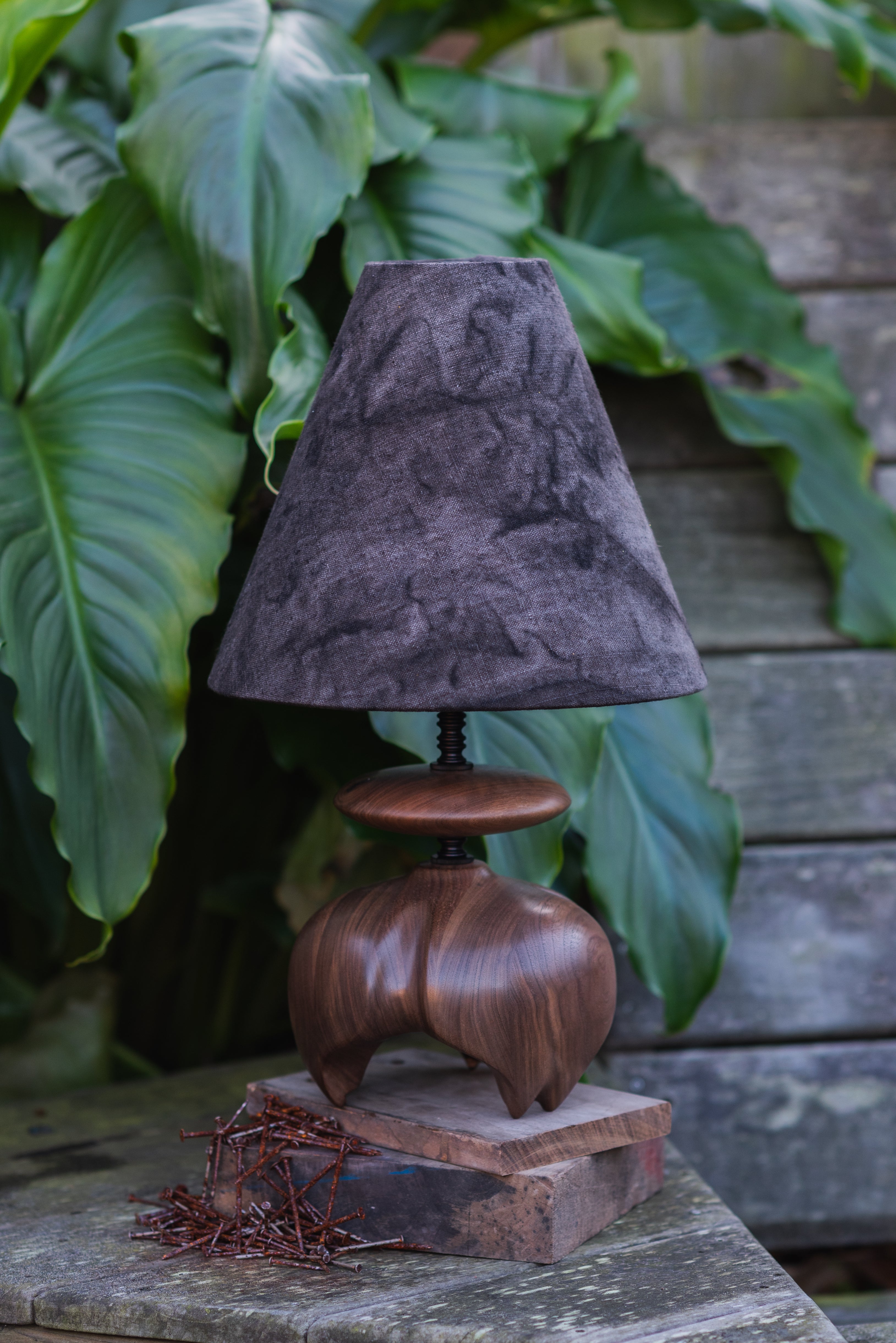 Small Walnut Table Lamp with Black Empire Shade
