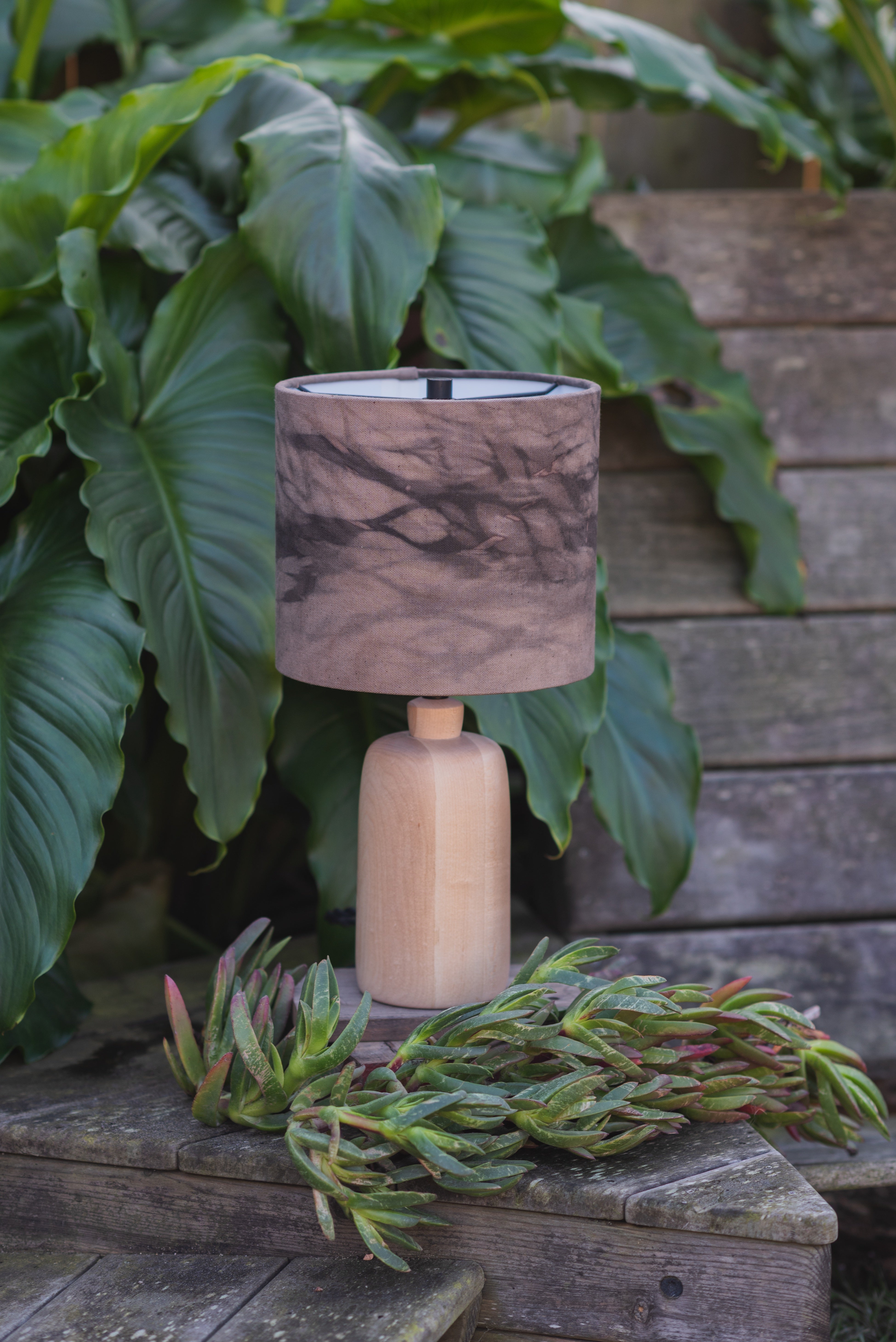 Small Maple Table Lamp with Patterned Drum Shade