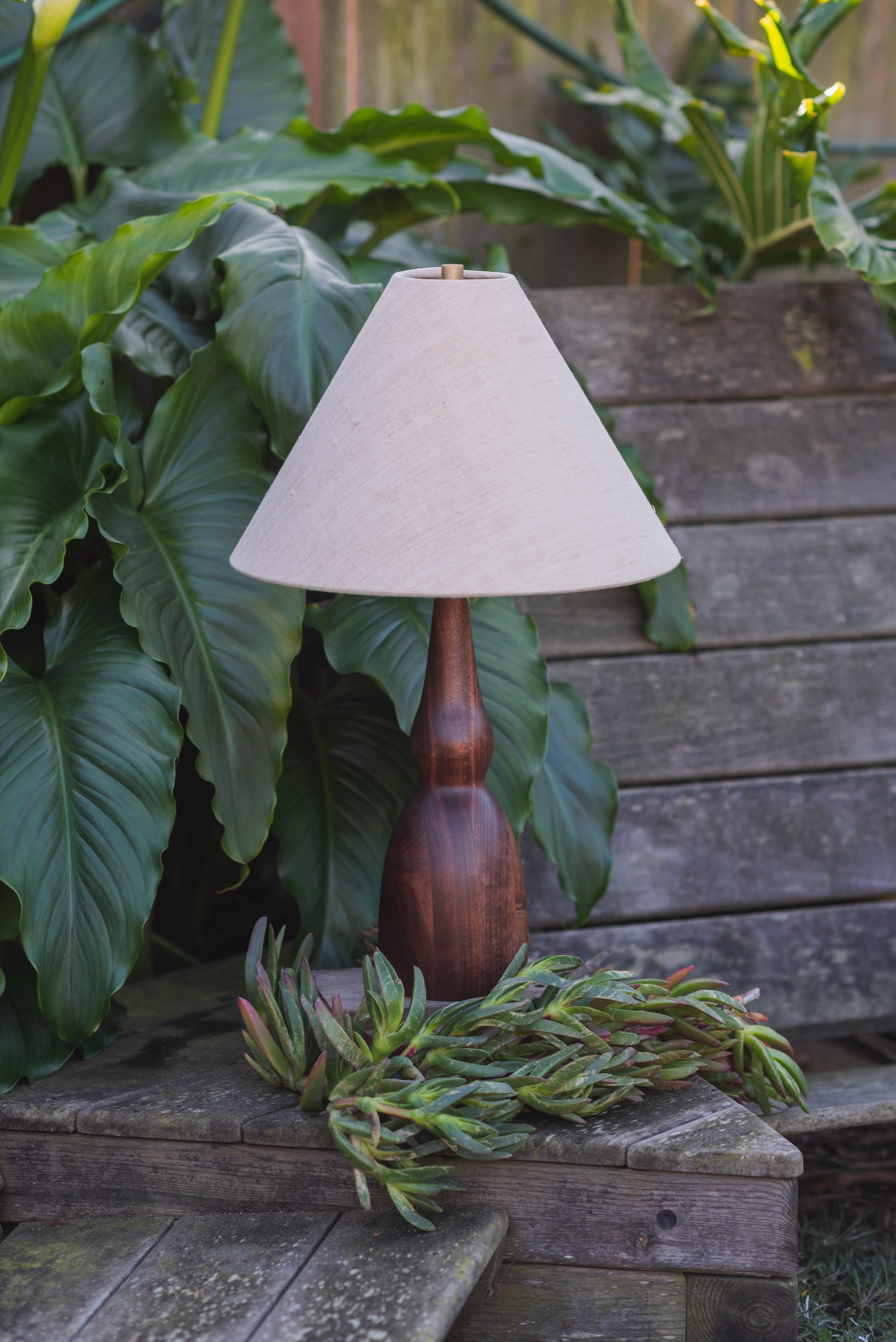 Large Walnut Table Lamp with Peach Empire Shade