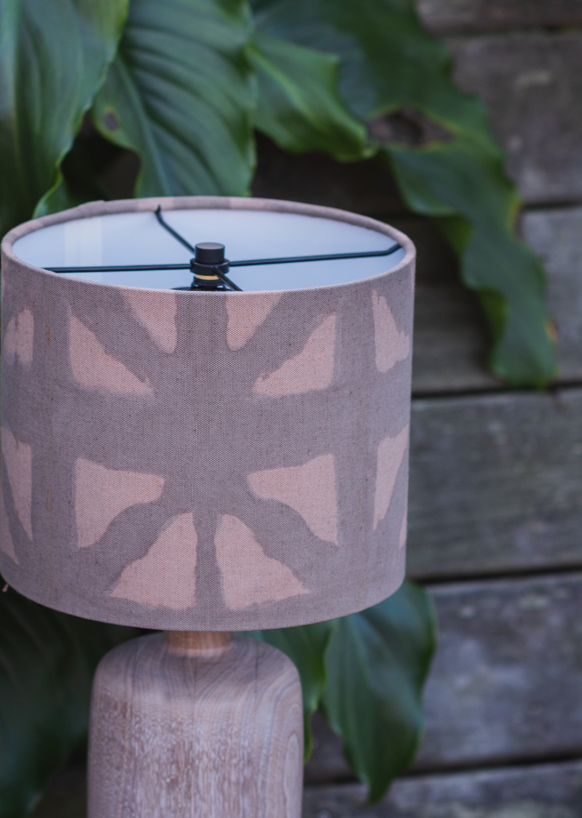 Medium Walnut Table Lamp with Patterned Drum Shade