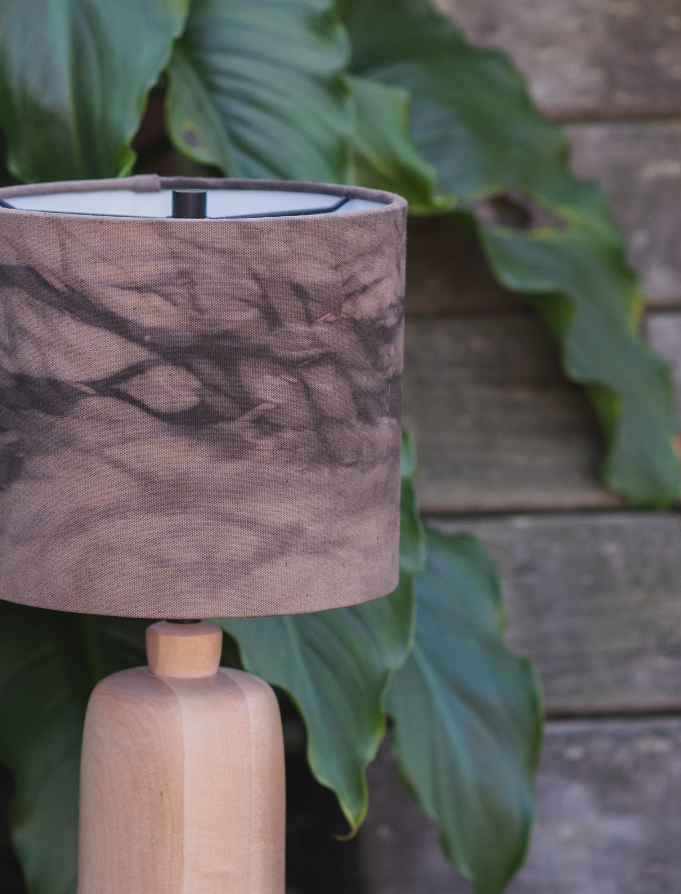 Small Maple Table Lamp with Patterned Drum Shade